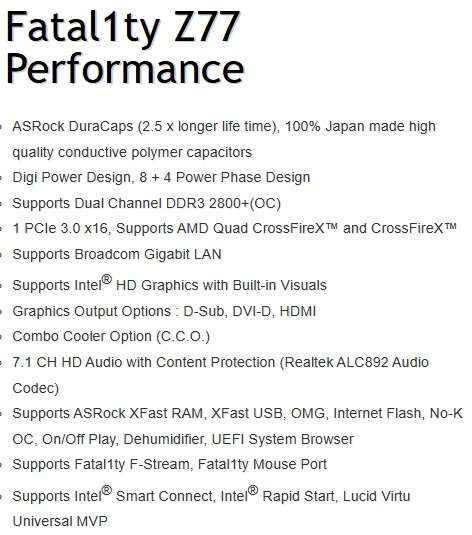 Asrock Fatal1ty Z77 - Gaming Motherboard - Good Condition - Warranty