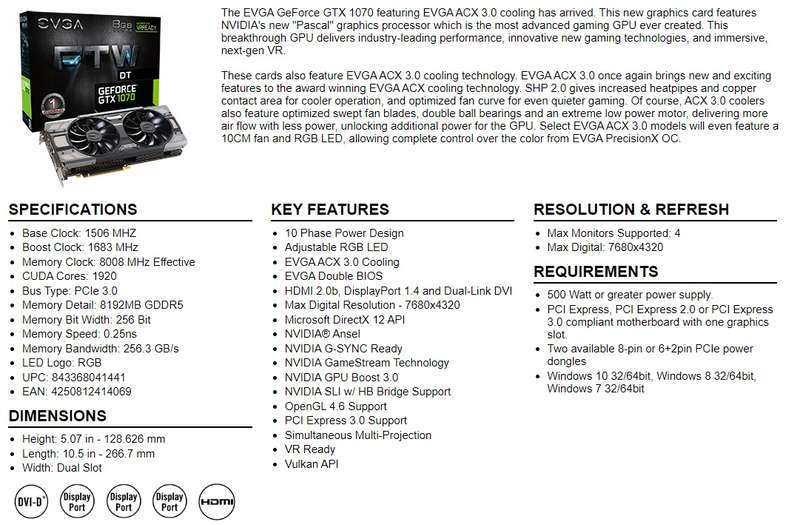 EVGA GTX 1070 FTW DT 8GB  ** GAMING GRAPHICS CARD ** GOOD CONDITION ** WARRANTY **