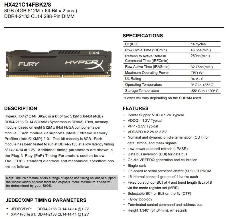 Kingston Hyper X Fury 8GB 2133Mhz DDR4 - Gaming Ram - Good Condition - Warranty