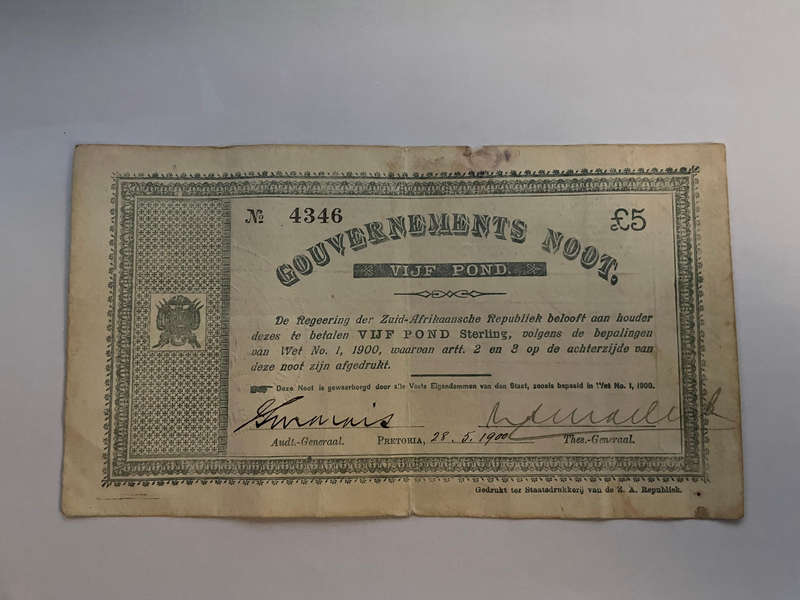 Five Pound 1900 Pretoria Government Note - No 4346