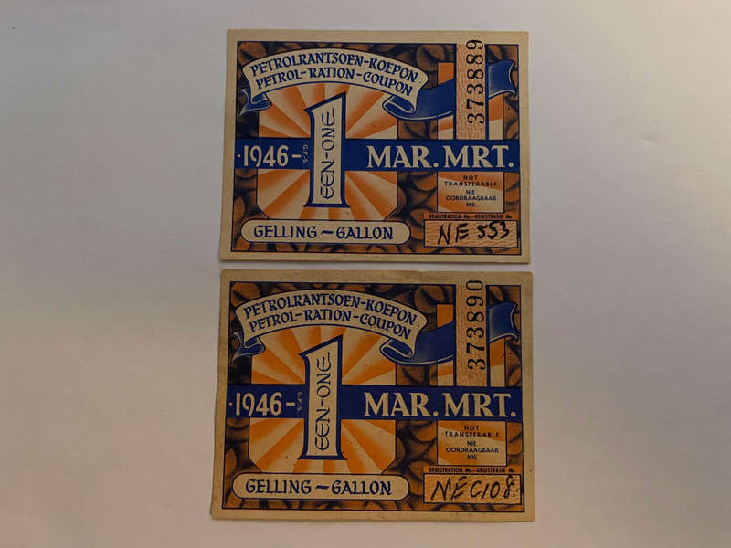 SA Petrol Ration Coupon (2 Sequential Numbers) - 1 Gallon - March 1946 No 373889 + 373890 - Stamped