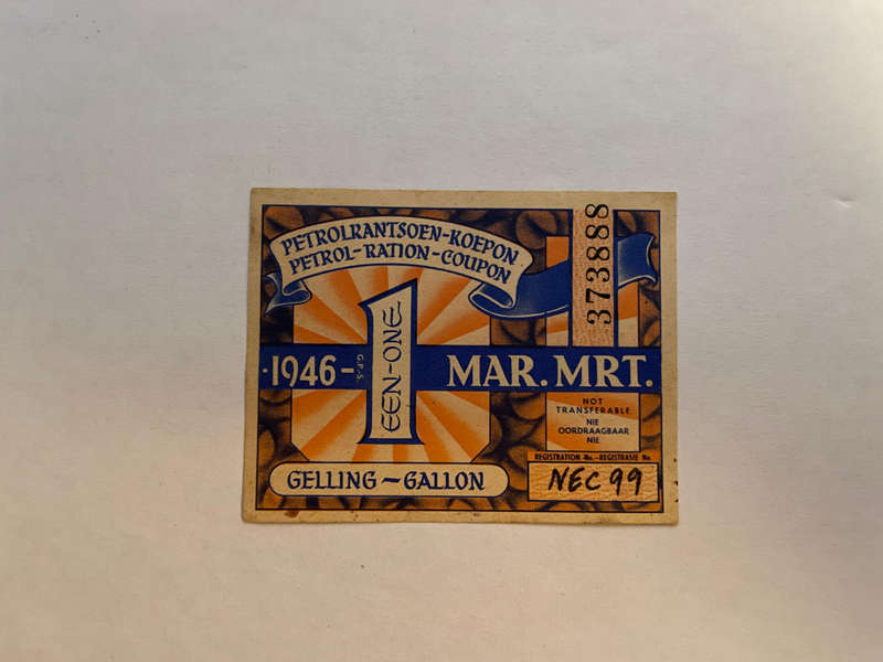 SA Petrol Ration Coupon - 1 Gallon - March 1946 No 373888 - Not Stamped