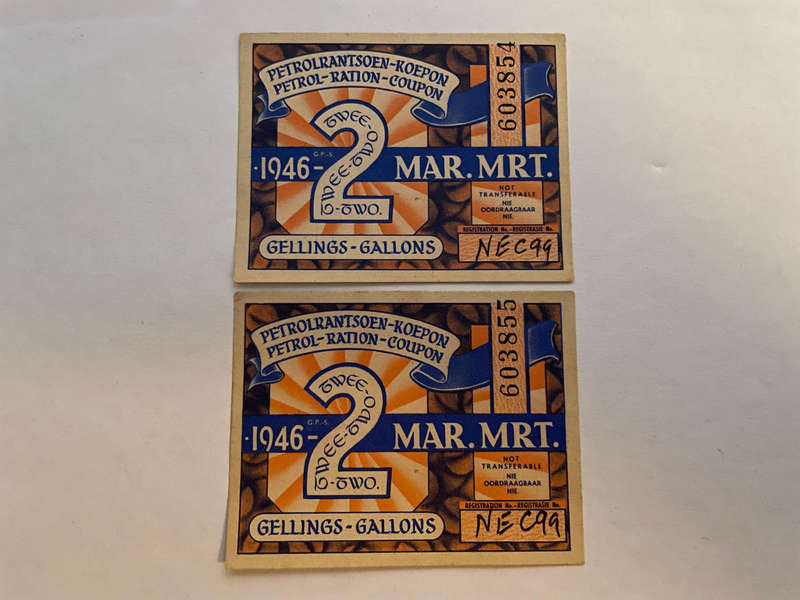 SA Petrol Ration Coupon (2 Sequential Numbers) - 2 Gallon - March 1946 No 603854 + 603855 - No Stamp