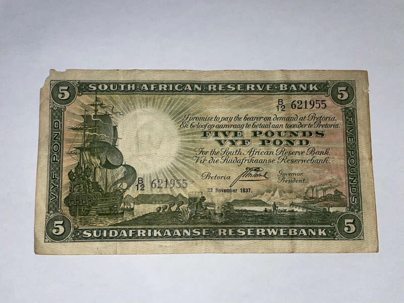1937 SA (J Postmus) - 5 Pound Bank Note - No B12-621955
