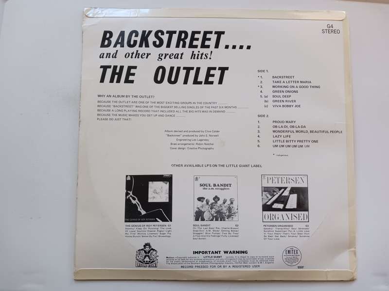 The Outlet - Backstreet......And Other Great Hits ( scares 1969 SA released NM LP from an SA band.))