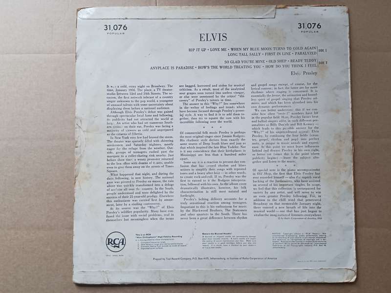 Elvis Presley - Elvis  ( Scare Misprint,1956 SA released LP )