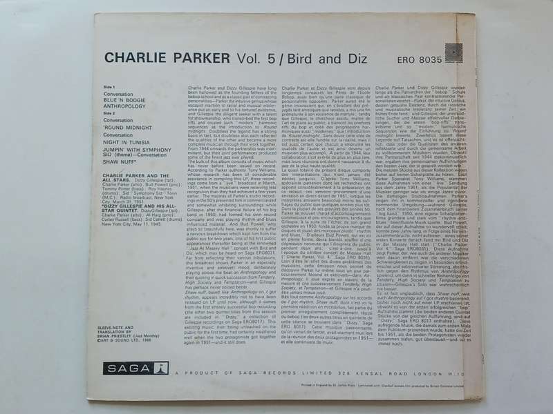 Charlie Parker - Vol. 5  / Bird and Diz  ( scarce 1968 UK released LP NM / M- )