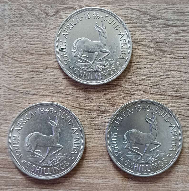 1949 5 shillings coin, 80% silver, 3 available. Bid per coin.