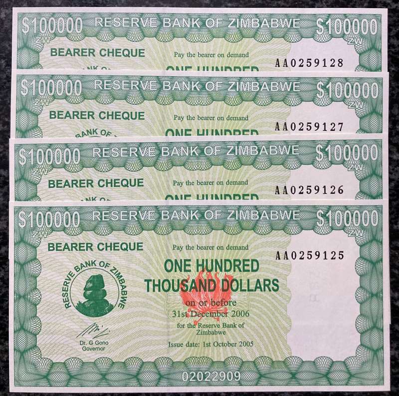 Zimbabwe 01/10/2005 $100,000 P-32 AA serial nos UNC 4 notes in sequence