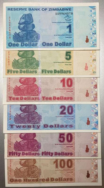 Zimbabwe 2009 $1, $5, $10, $20, $50 & $100 AA serial nos