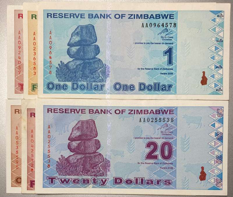 Zimbabwe 2009 $1, $5, $10, $20, $50 & $100 AA serial nos