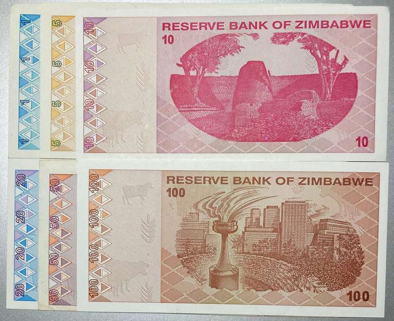 Zimbabwe 2009 $1, $5, $10, $20, $50 & $100 AA serial nos