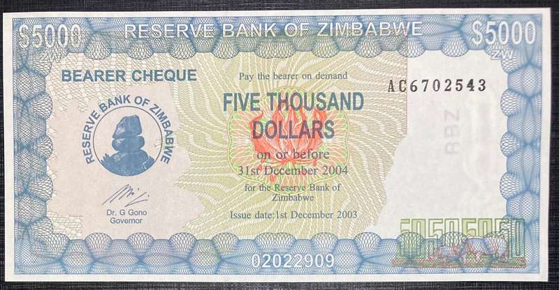 Zimbabwe 2003 $5,000 UNC