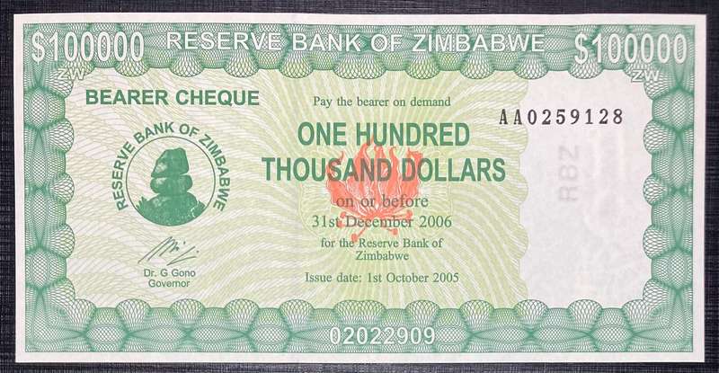 Zimbabwe 2005 $100,000 AA0259128 UNC
