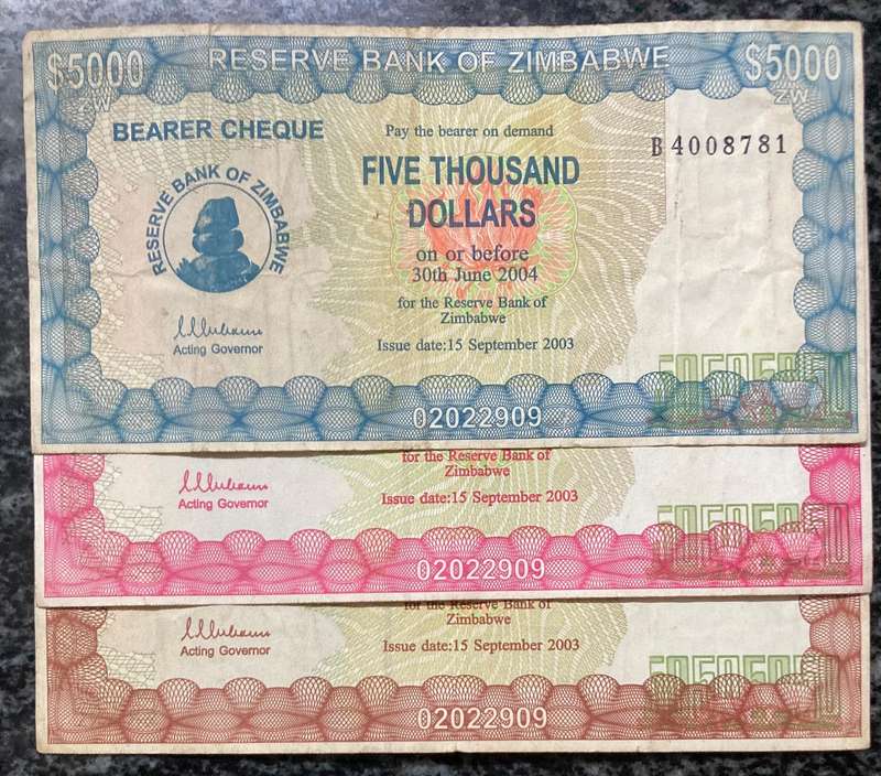 Zimbabwe 15/09/2003 $5,000, $10,000 & $20,000 (Scarce)