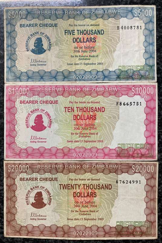 Zimbabwe 15/09/2003 $5,000, $10,000 & $20,000 (Scarce)