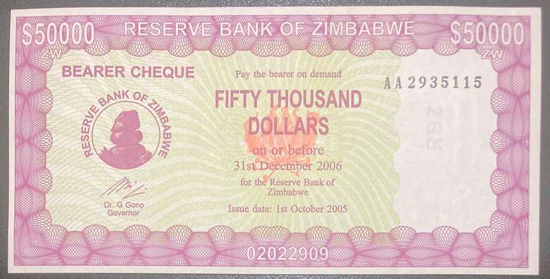 Zimbabwe 01/10/2005 $50,000 AA serial no. UNC Rare