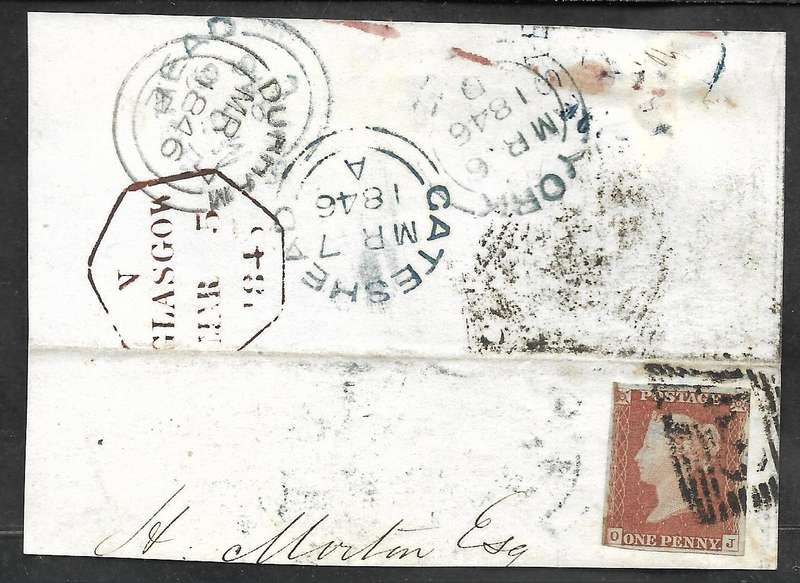 GREAT BRITAIN    1 Penny Red on part WELL TRAVELLED  cover  WITH BURR RUB VARIETY (PRED_8)