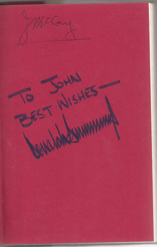 SIGNED AUTOGRAPH DONALD J. TRUMP BOOK PRESIDENT RARE SURVIVING AT THE TOP GIVEN TO JOHN MCCOY - BANK