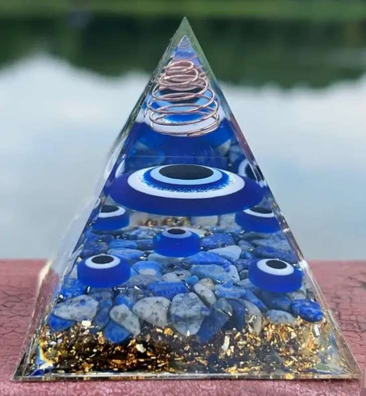 Evil Eye Orgone Pyramid with Natural Crystal Chips & Lapis Lazuli - Reiki Meditation Home Decor, Yog