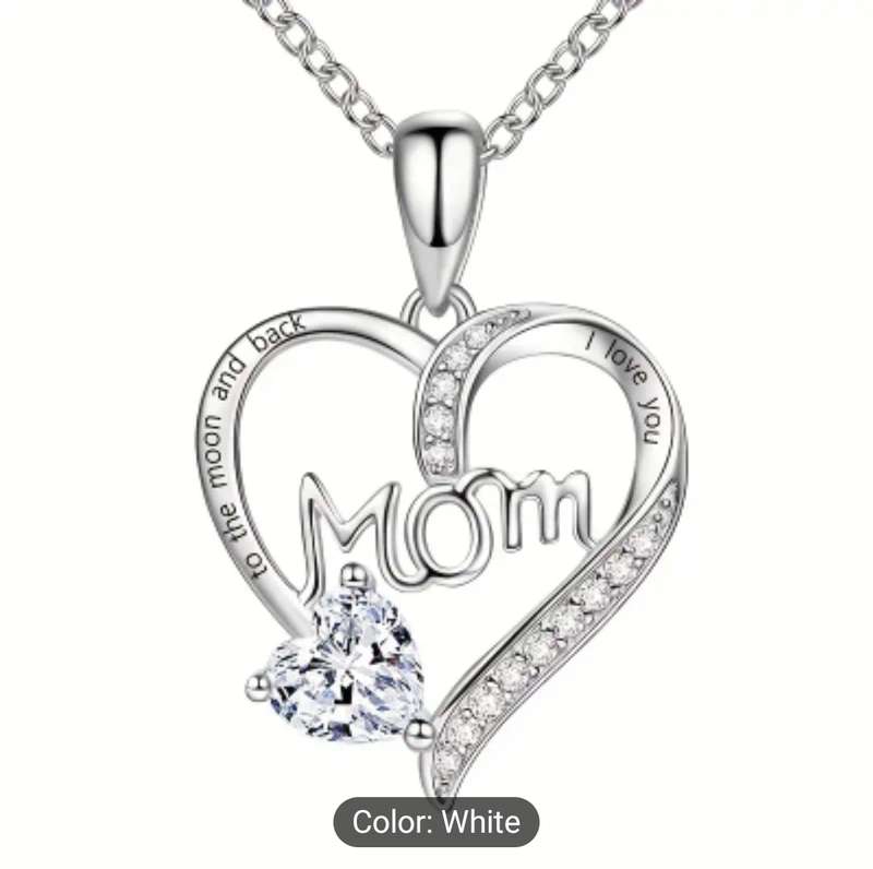 "I Love You Mom" Heart Pendant Necklace with Acrylic Accents, Alloy Chain, White K-Plated, Fashionab