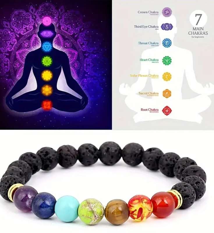 7 Chakra Natural Lava Stone Bracelet - Handcrafted Yoga & Prayer