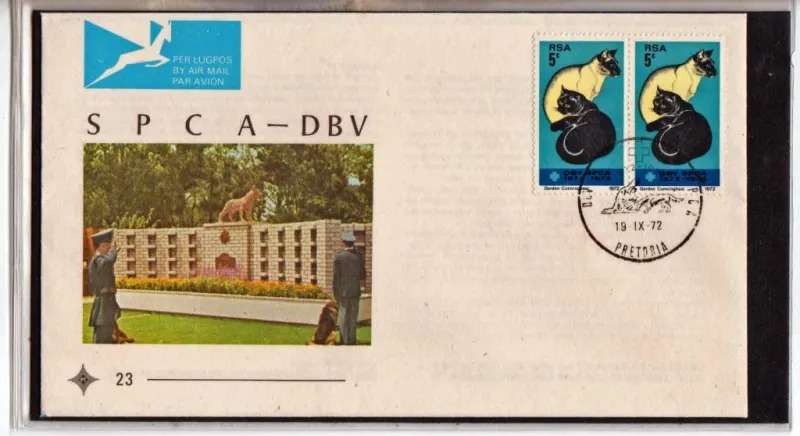 RSA-SPCA FDC NO.23-TWO STAMPS CANCELLED ON FDC FOR INTERNATIONAL POSTAGE RATE-VERY SCARCE!!