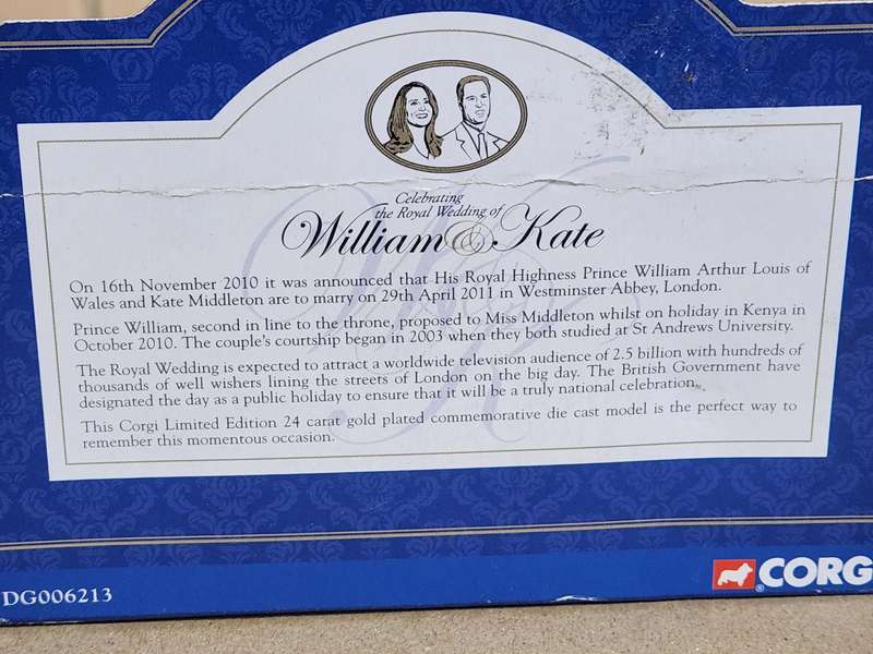 24 CT GOLD PLATED DIE CAST SOUVENIR TO COMMEMORATE THE WEDDING OF PRINCE WILLIAM AND KATE