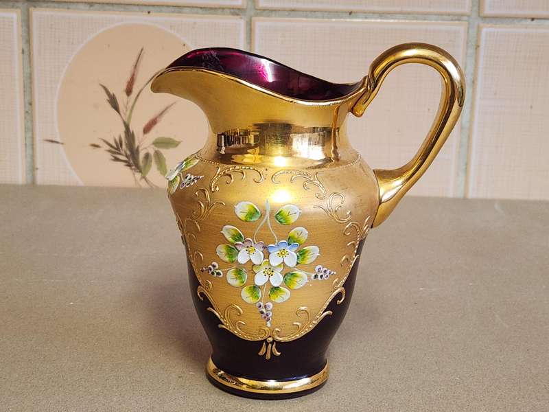 VINTAGE RUBY AND GOLD VENETIAN PITCHER WITH A STUNNING FLORAL DESIGN