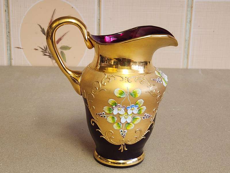 VINTAGE RUBY AND GOLD VENETIAN PITCHER WITH A STUNNING FLORAL DESIGN
