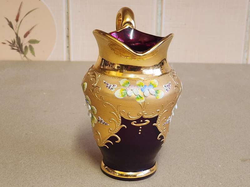VINTAGE RUBY AND GOLD VENETIAN PITCHER WITH A STUNNING FLORAL DESIGN