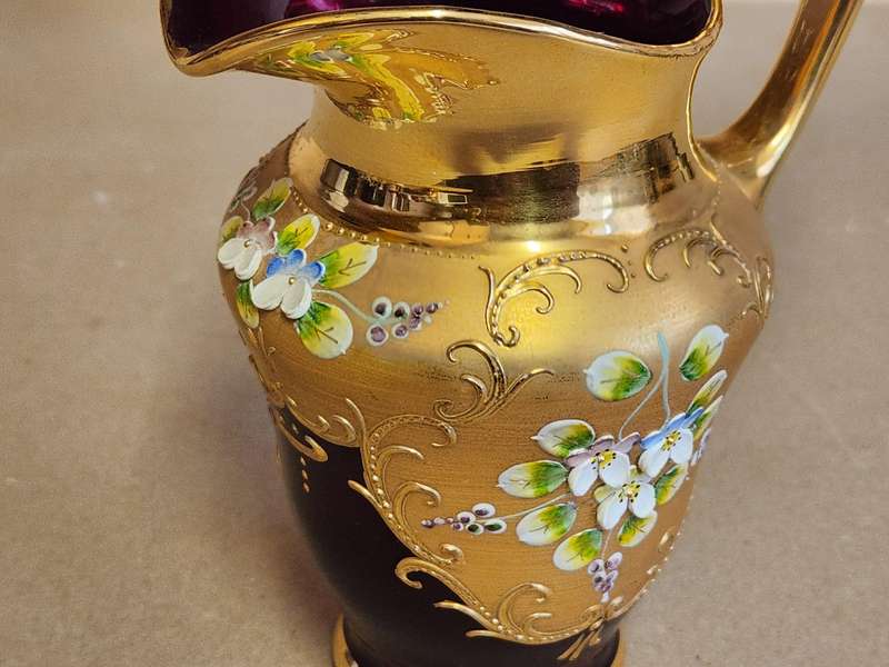 VINTAGE RUBY AND GOLD VENETIAN PITCHER WITH A STUNNING FLORAL DESIGN