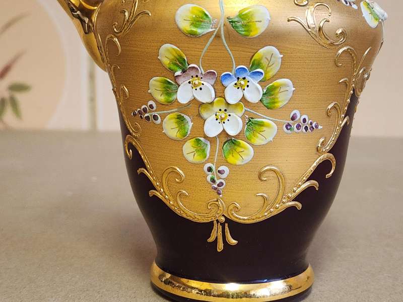 VINTAGE RUBY AND GOLD VENETIAN PITCHER WITH A STUNNING FLORAL DESIGN