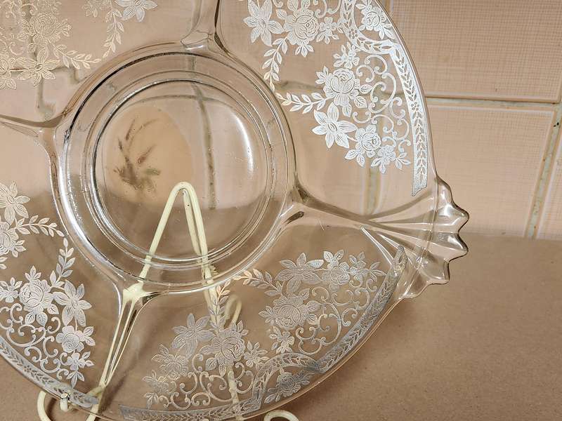 Vintage Clear Glass Platter with Stunning Floral Silver Filigree Overlay