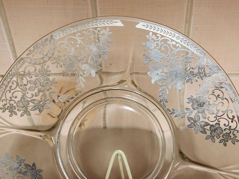 Vintage Clear Glass Platter with Stunning Floral Silver Filigree Overlay