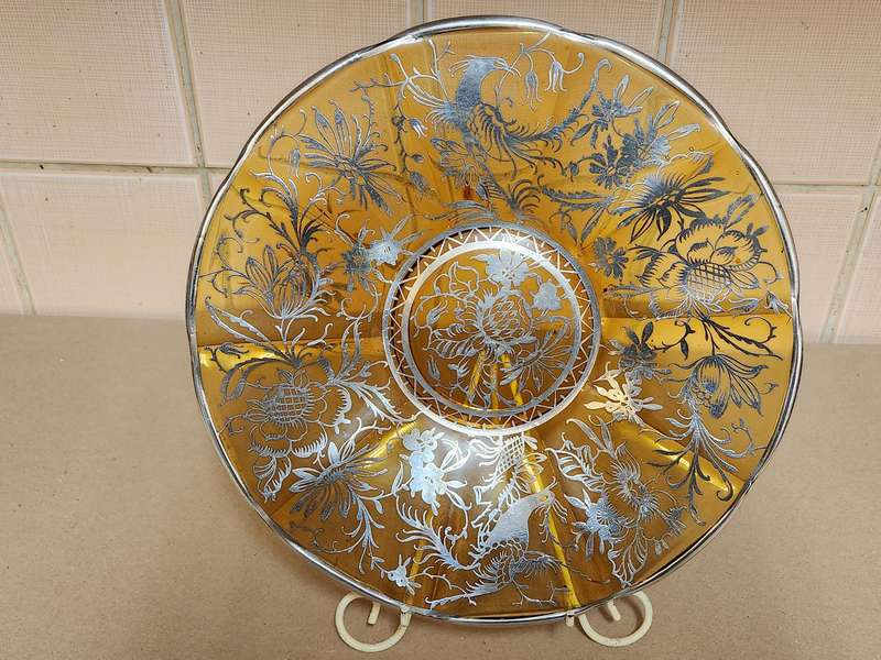 Vintage Amber Glass Platter with Bird and Floral Silver Filigree Overlay