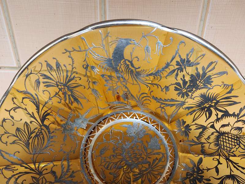 Vintage Amber Glass Platter with Bird and Floral Silver Filigree Overlay