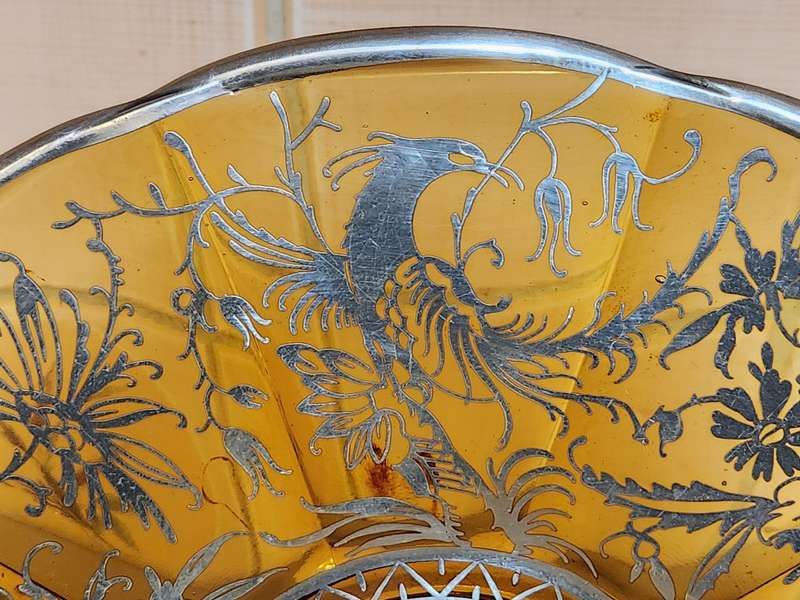 Vintage Amber Glass Platter with Bird and Floral Silver Filigree Overlay