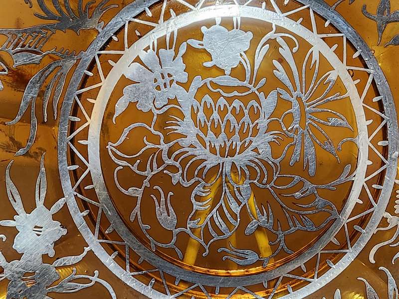 Vintage Amber Glass Platter with Bird and Floral Silver Filigree Overlay