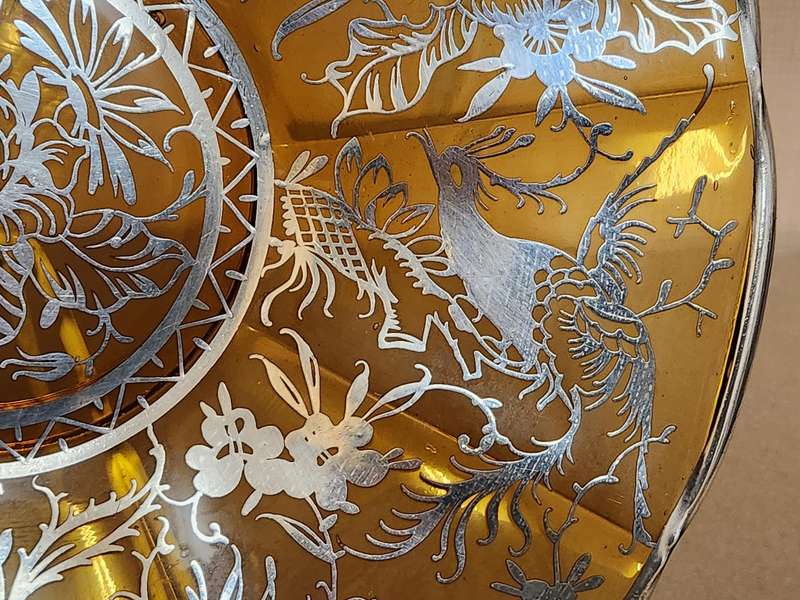 Vintage Amber Glass Platter with Bird and Floral Silver Filigree Overlay