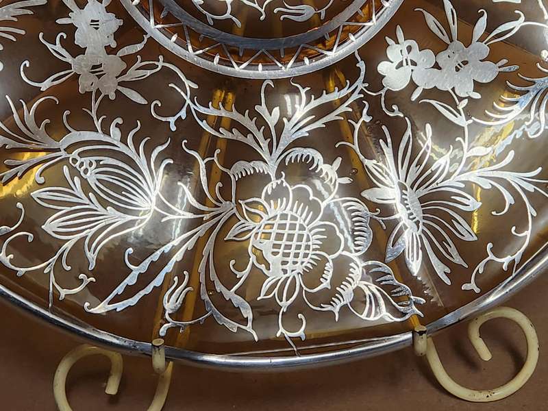 Vintage Amber Glass Platter with Bird and Floral Silver Filigree Overlay