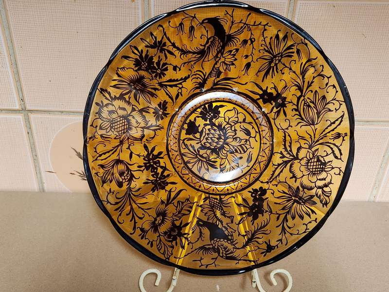 Vintage Amber Glass Platter with Bird and Floral Silver Filigree Overlay