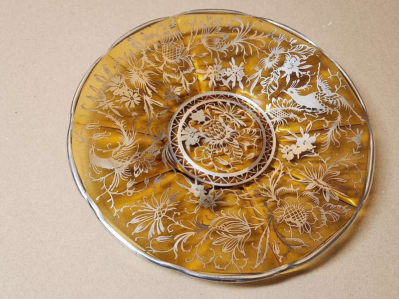 Vintage Amber Glass Platter with Bird and Floral Silver Filigree Overlay