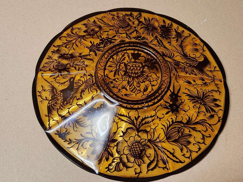 Vintage Amber Glass Platter with Bird and Floral Silver Filigree Overlay