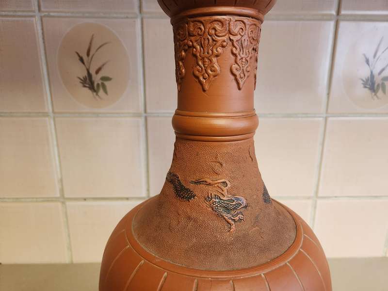 20th Century Oriental Clay Vase with Dragon Motif