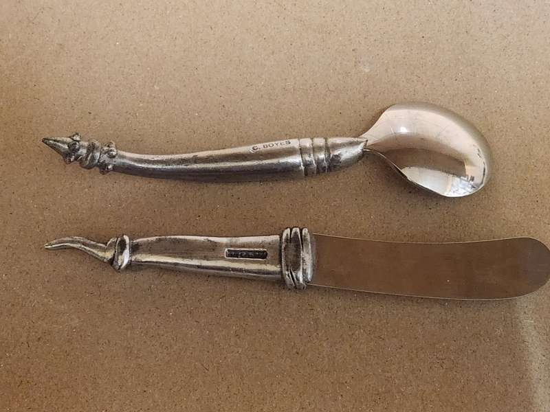 VINTAGE CARROL BOYES FUNCTIONAL ART EARLY DESIGN PEWTER SPREADER AND SPOON
