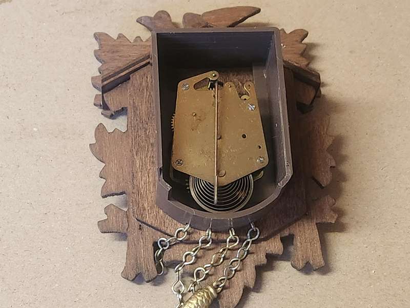 J ENGSTLER MINIATURE CUCKOO CLOCK IN WORKING CONDITION