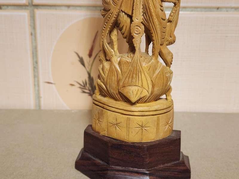 VINTAGE ELABORATELY CARVED WOODEN STATUE, DEPICTING LORD KRISHNA PLAYING THE FLUTE