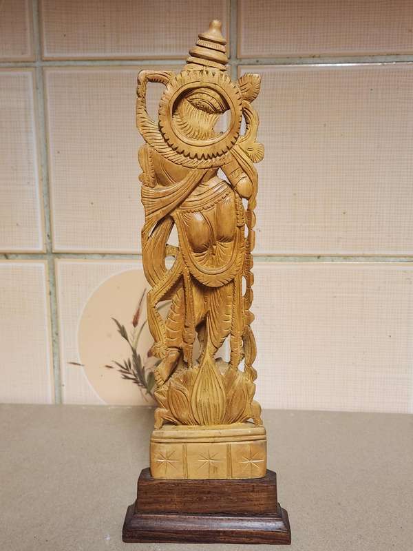 VINTAGE ELABORATELY CARVED WOODEN STATUE, DEPICTING LORD KRISHNA PLAYING THE FLUTE