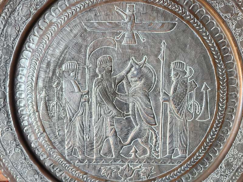 HUGE ANTIQUE COPPER AND SILVER PERSIAN WALL HANGING PLATE